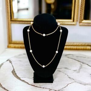 Gold Tone Faux Pearl Classic Timeless 29'' Opera Length Necklace-Rope Chain